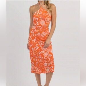 Olivacious Pink & orange paisley open back halter dress | Large